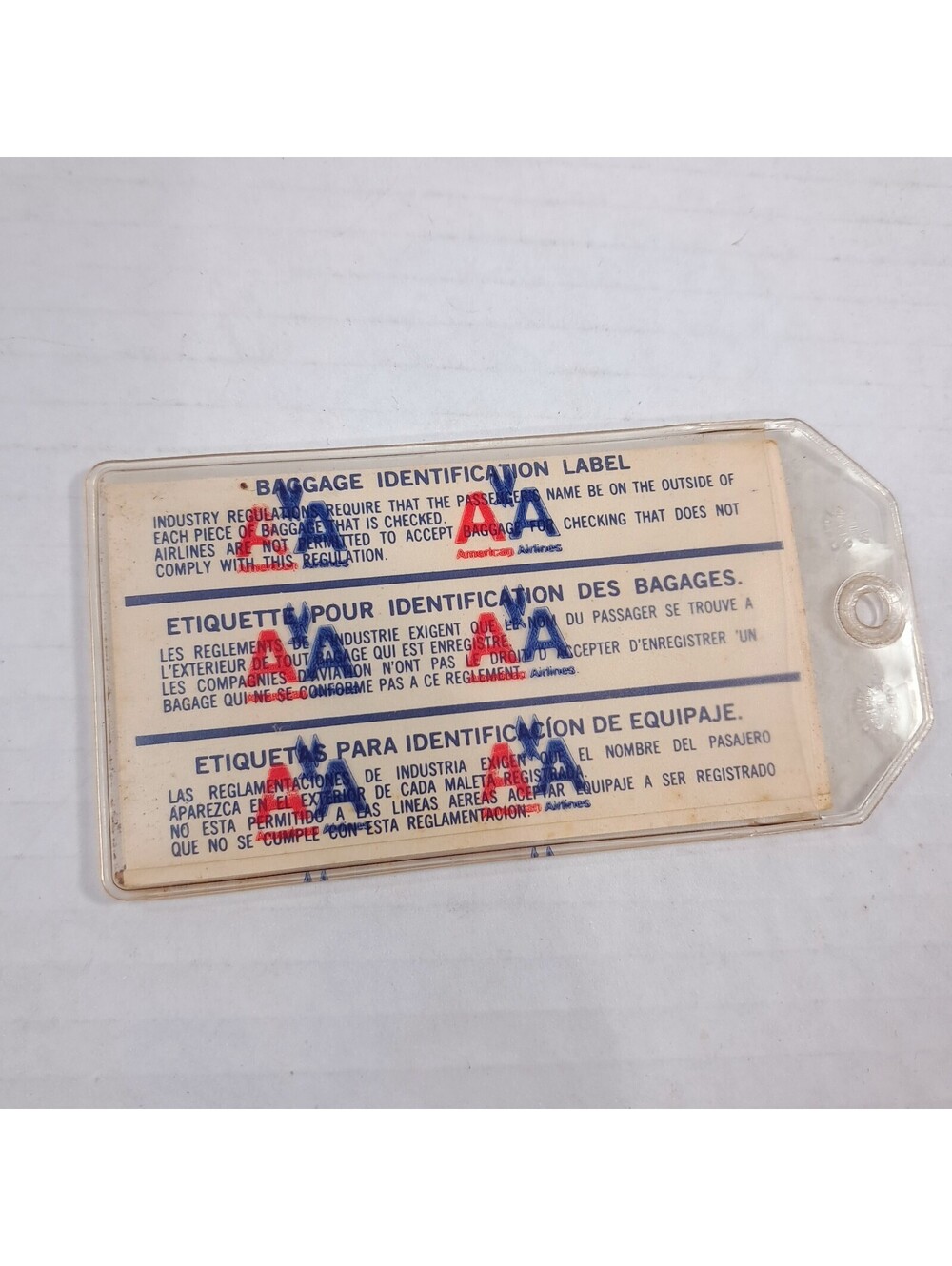 Vintage American Airlines Luggage Tag English French Spanish clear AA pouch